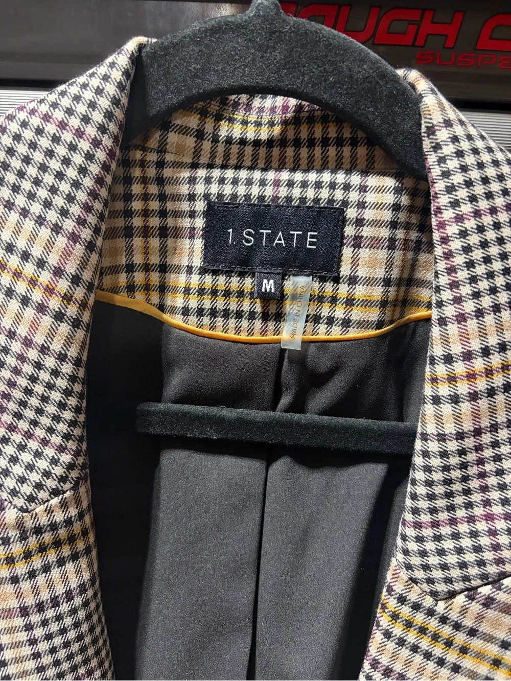 1.STATE – Longline Plaid Ruched Sleeve Double Breasted Blazer – Glen Check – Sz.